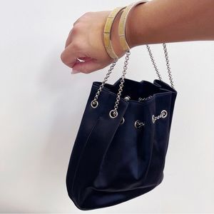St John Black Satin Evening Bag Bucket Bag Enamel Handles Made in Italy Wedding